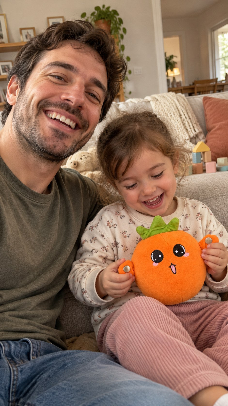 Scène illustrée de jeu en famille avec la peluche orange